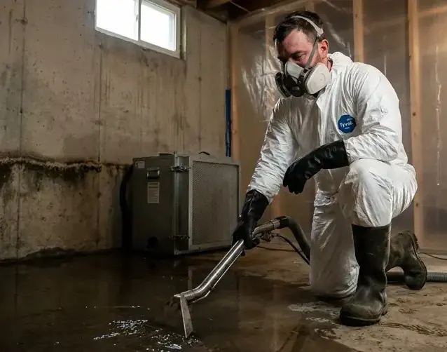 Technician in a protective suit and respirator extracting sewage water in Dublin, CA