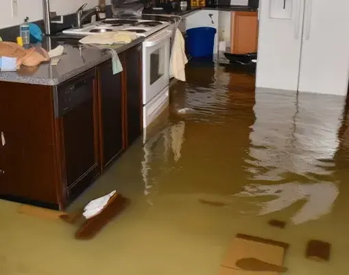 Floodwater standing in a kitchen after heavy storm rain in Dublin, CA